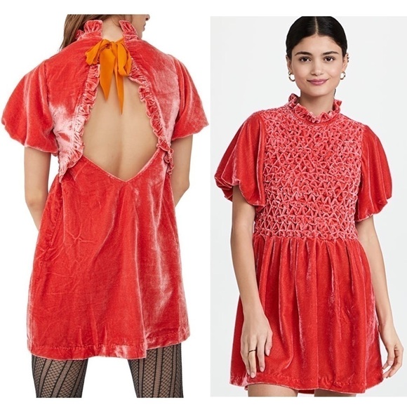 NEW FREE PEOPLE Mini Dress Smocked Ruffle Puff Sleeve Open Back Fall Wedding XS - Picture 7 of 14